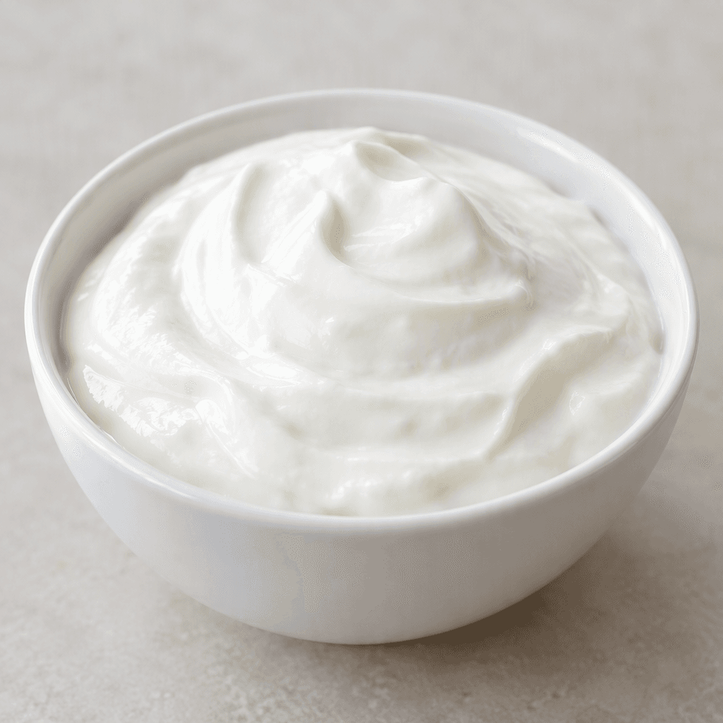 A bowl of low-fat yogurt with a smooth, glossy white surface and a thick, creamy texture, its softly rounded mound visible above the rim.