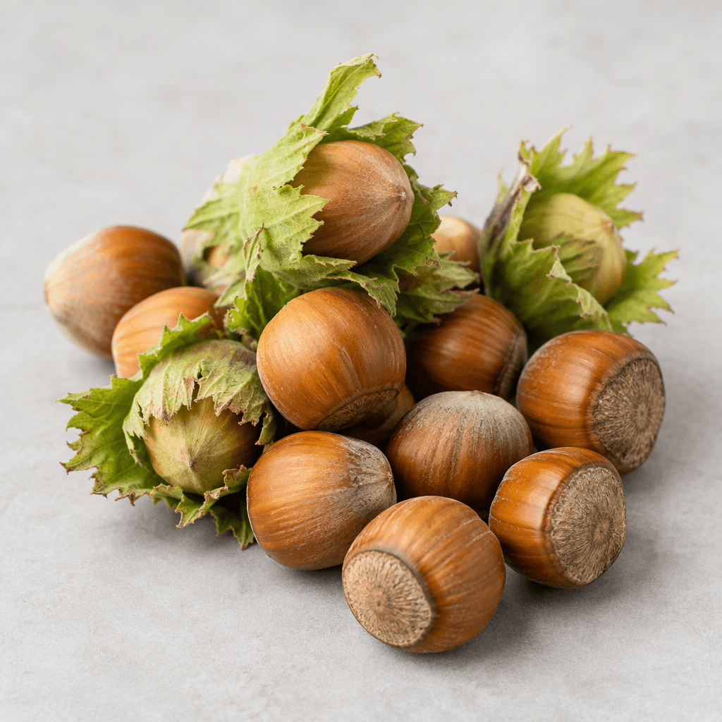 Fresh hazelnuts are small, round to slightly oval nuts with smooth, woody light-brown shells, sometimes shown with green leafy husks attached, arranged loosely on a plain surface.