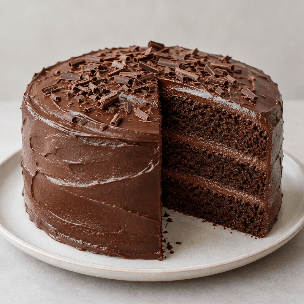 A dark brown, moist-looking chocolate cake with a soft, fine-textured crumb, shown as a round layered cake covered in glossy chocolate frosting and cut to reveal several even layers, on a simple serving plate with a few chocolate shavings scattered on top.