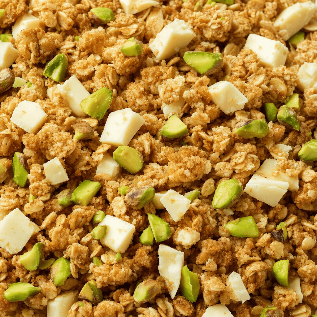 Altın sarısı yulaf gevrekleri ve kıtır granola kümeleri, doğranmış yeşil Antep fıstığı parçaları ve düzensiz şekilli fildişi renkli beyaz çikolata parçalarıyla karışık görünür.