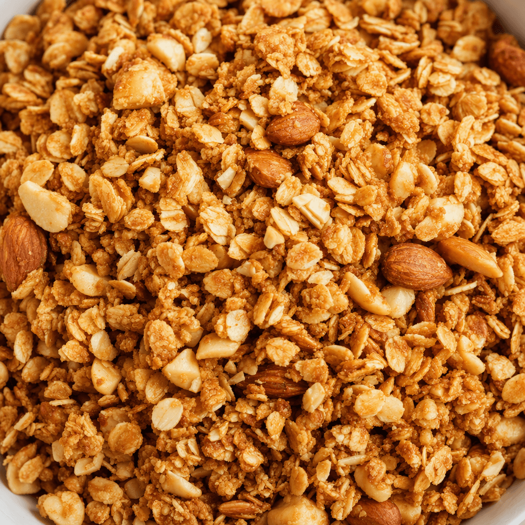 Altın kahverengi, gevrek yulaf gevreklerinden oluşan ve içinde belirgin kuruyemiş parçaları bulunan granola kümeleri.
