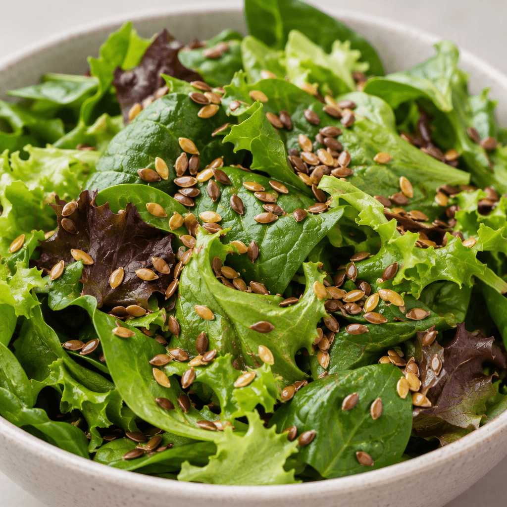 Çıtır yeşil salata yapraklarının üzerine serpilmiş, altın sarısı ile kızıl kahverengi tonlarında küçük, yassı ve hafif parlak keten tohumları görülüyor.