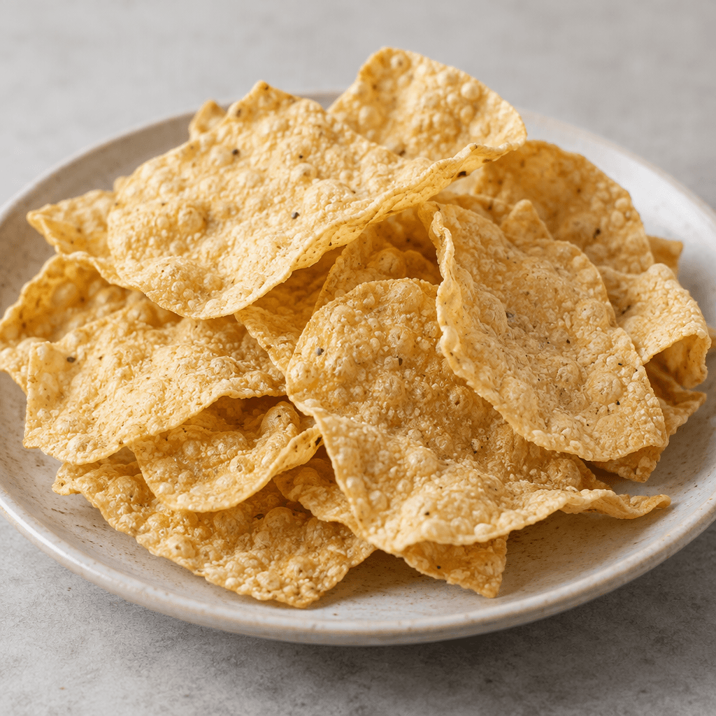 A small pile of thin, irregularly shaped chickpea chips, pale golden beige with a dry, lightly bubbled surface and crisp-looking edges, rests on a plate.