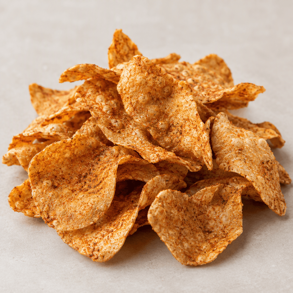 Thin, irregularly shaped lentil chips with curled edges, a crisp bubbled surface, and a light reddish-brown seasoning dusting are scattered in a small pile.