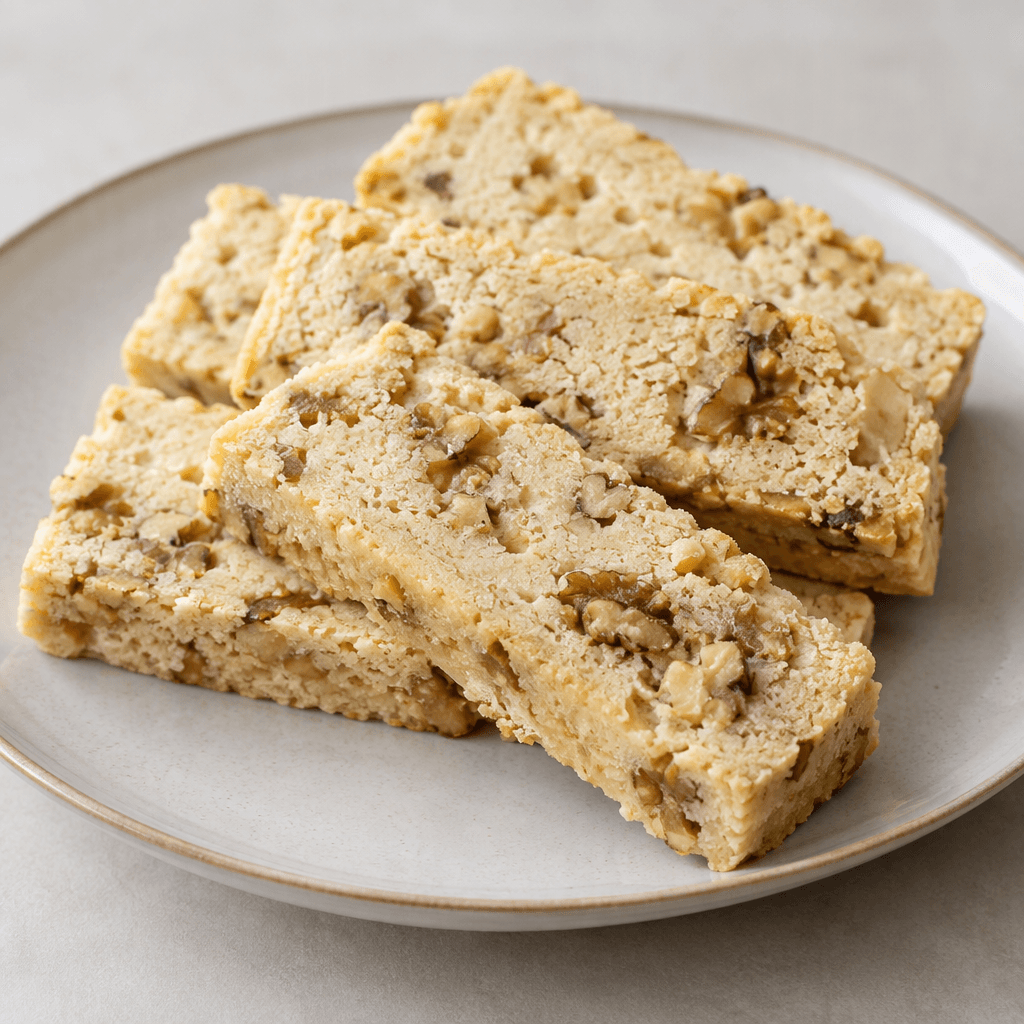 Pale beige, crumbly rectangular slabs with a slightly uneven surface and visible walnut pieces, arranged in overlapping slices on a serving plate.