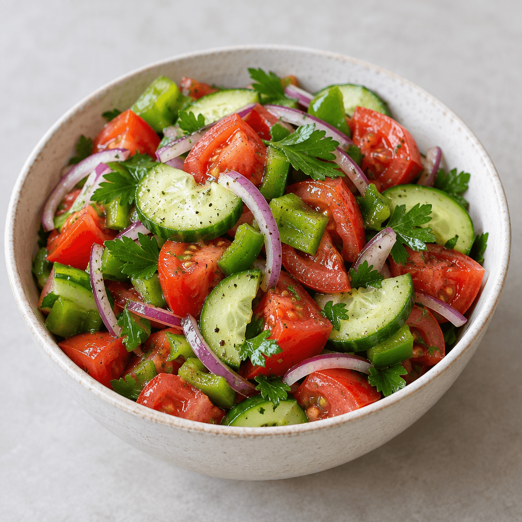 A bowl of summer salad with chunky red tomato pieces, pale green cucumber slices, thin red onion strips, chopped green peppers and scattered parsley leaves, served fresh with the ingredients visibly layered and glistening lightly.