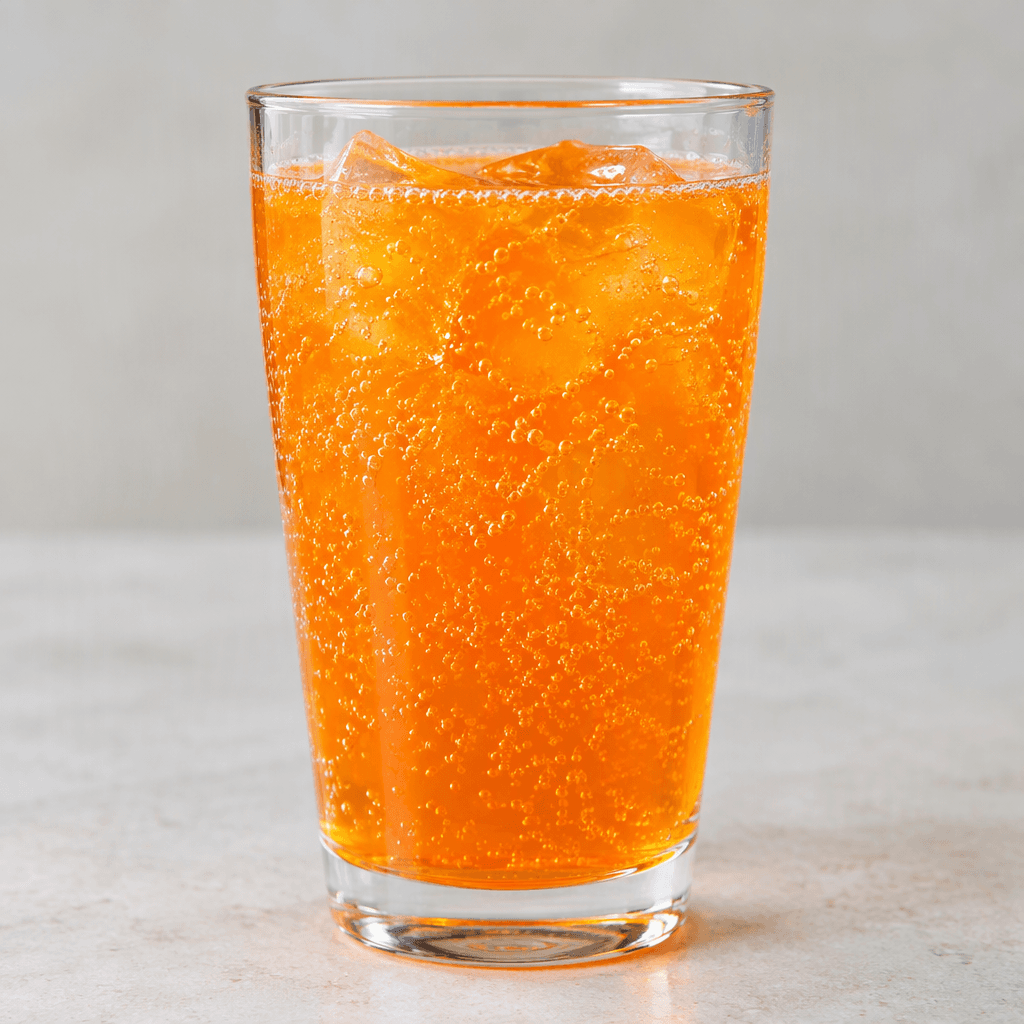 A bright orange, translucent fizzy drink sits in a clear glass, with tiny bubbles visible throughout.