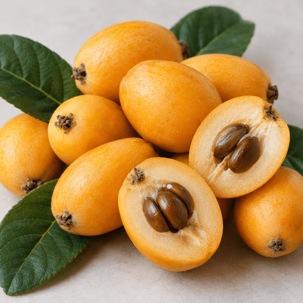 Small oval loquats with smooth golden-yellow to orange skin, some whole and some halved to reveal juicy pale cream flesh and several large glossy brown seeds, arranged with a few dark green leaves.