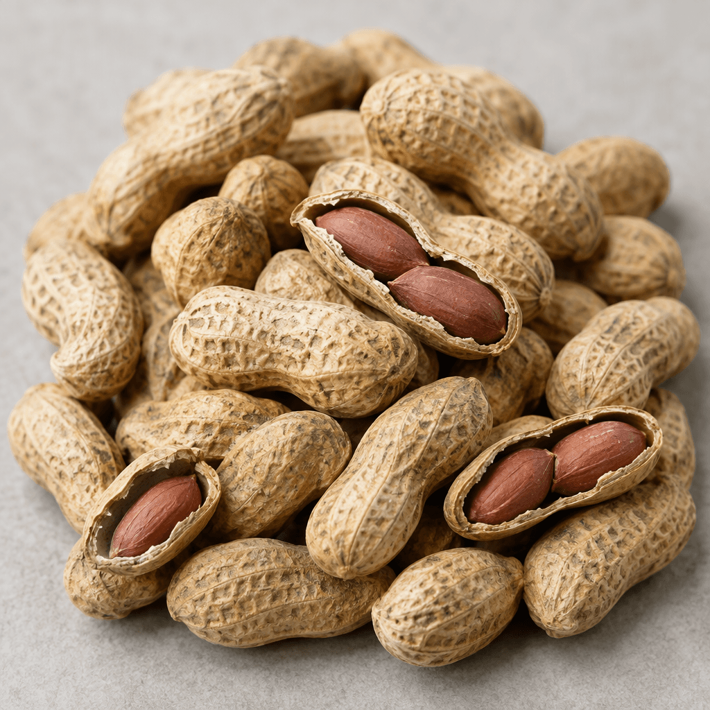 Small, elongated peanuts in their natural shells, with dry, wrinkled, tan-beige shells and rounded ends, piled loosely together with a few split shells revealing the reddish-brown skins of the kernels inside.