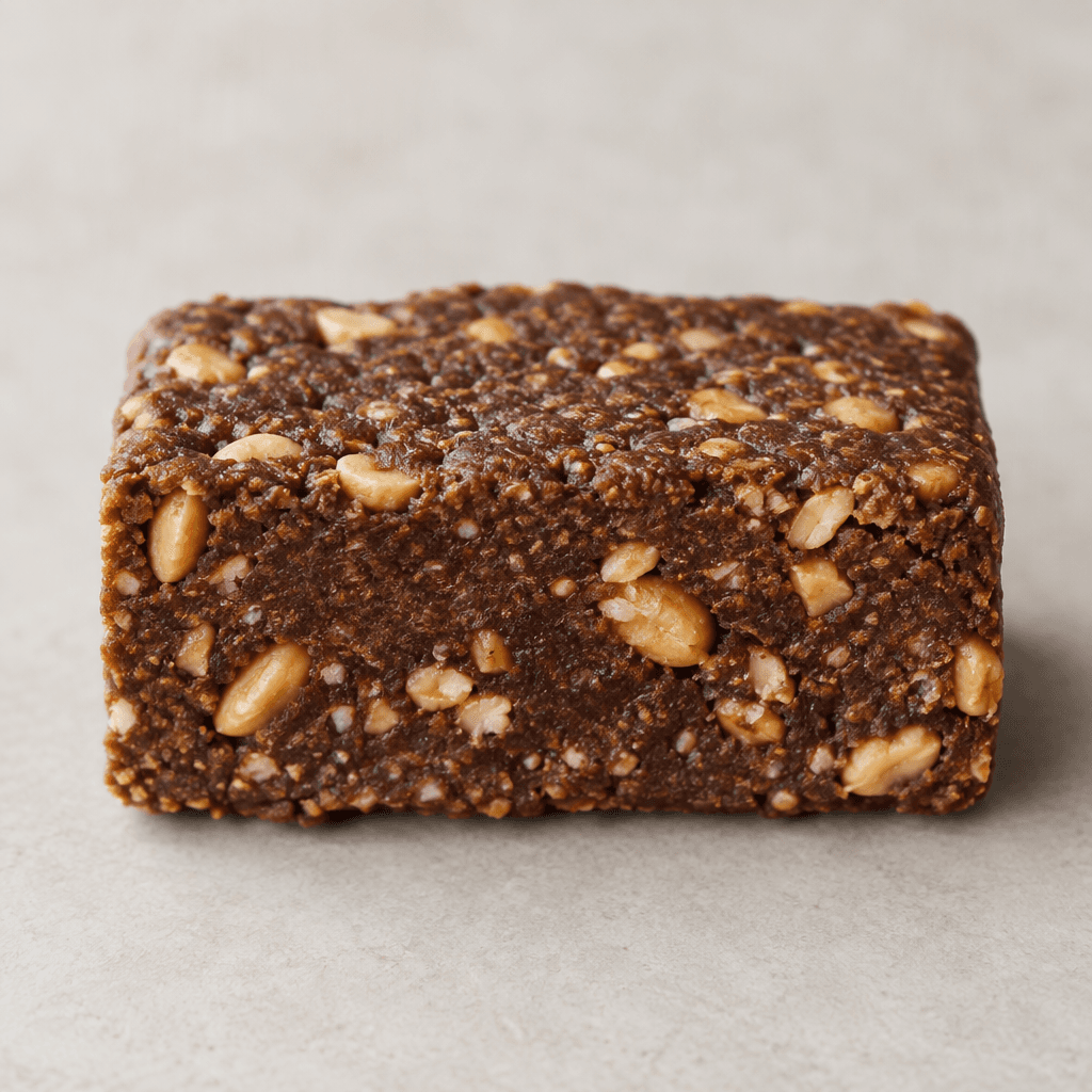 A compact rectangular cocoa-brown bar with a dense, slightly rough surface and visible pieces of peanut throughout.