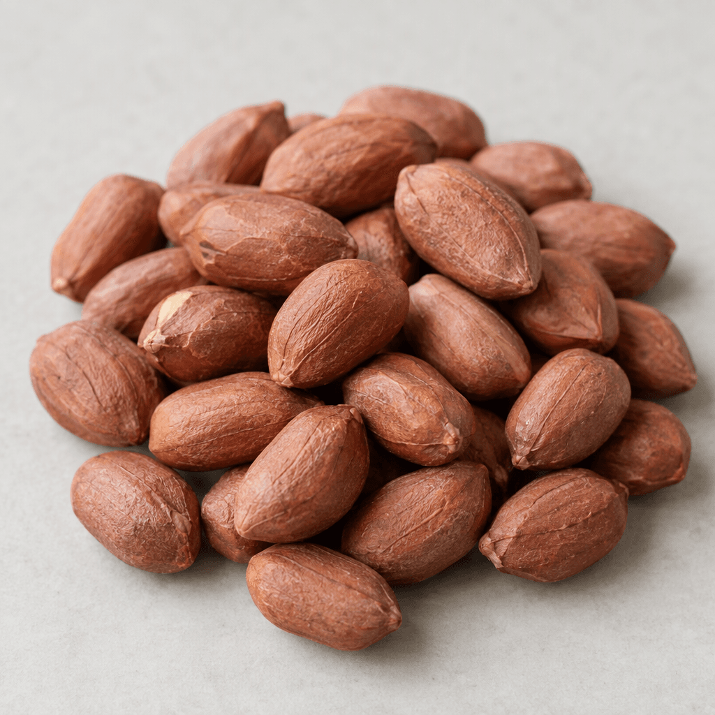 Small oval peanut kernels with reddish-brown skins and slightly wrinkled, matte surfaces, served loose in a small pile.