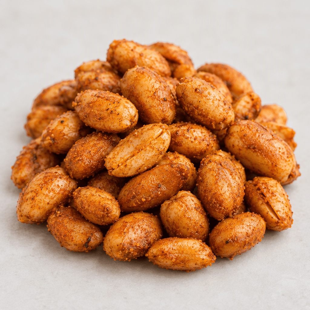 A small pile of oval peanut kernels, their golden-brown surfaces lightly coated in reddish-orange seasoning with a fine, slightly speckled texture.