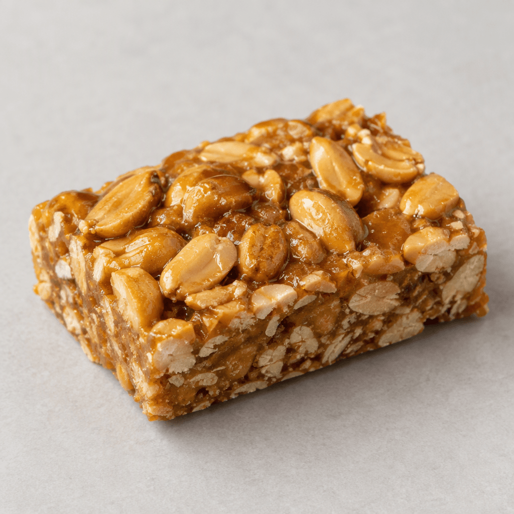 A rectangular, golden-brown confectionery bar with whole and broken roasted peanuts visibly embedded in a glossy, hardened syrup, its surface uneven and chunky with clean cut edges.