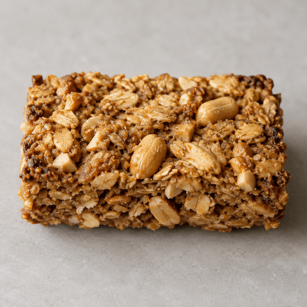 A compact rectangular bar with a rough, crumbly surface of golden-brown oat clusters, visibly embedded whole and chopped peanuts, and a few darker toasted edges.