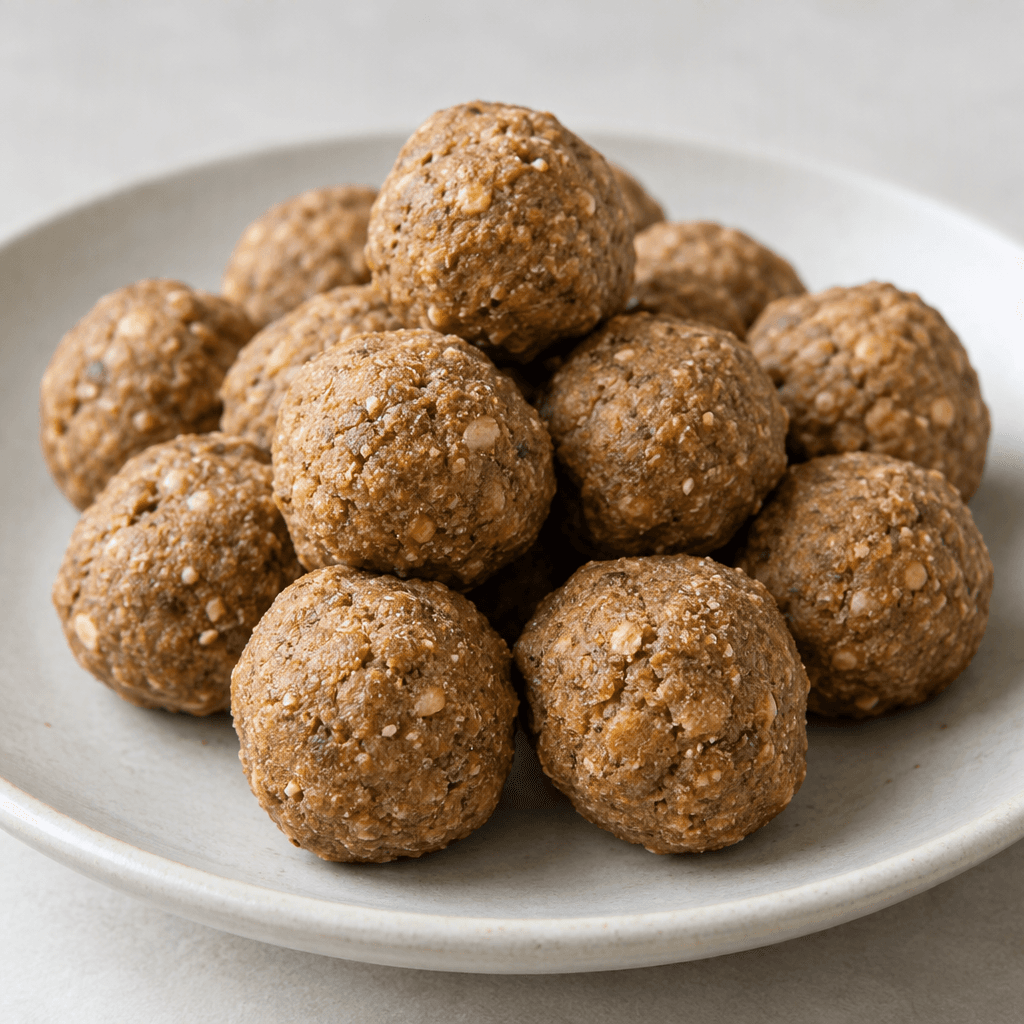 Small, slightly irregular round peanut protein balls with a matte tan-brown surface and visible fine grainy flecks, arranged on a plate.