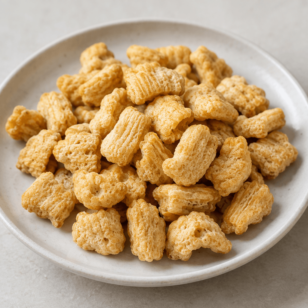 Small, irregular golden-beige crunchy pieces with a lightly ridged, porous surface are scattered loosely on a plate.