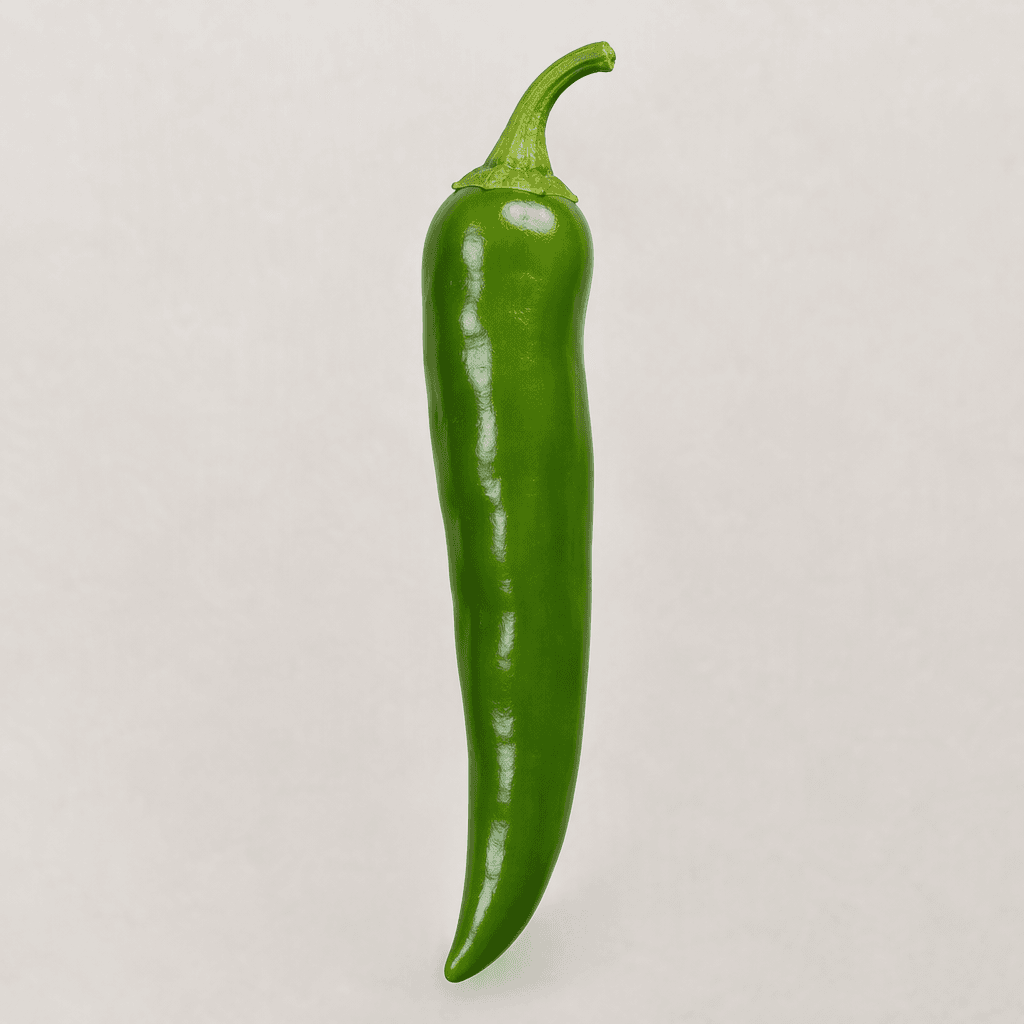 A slender, elongated green pepper with smooth, glossy skin, a gently curved tapered body, and a short green stem attached at the broad end.
