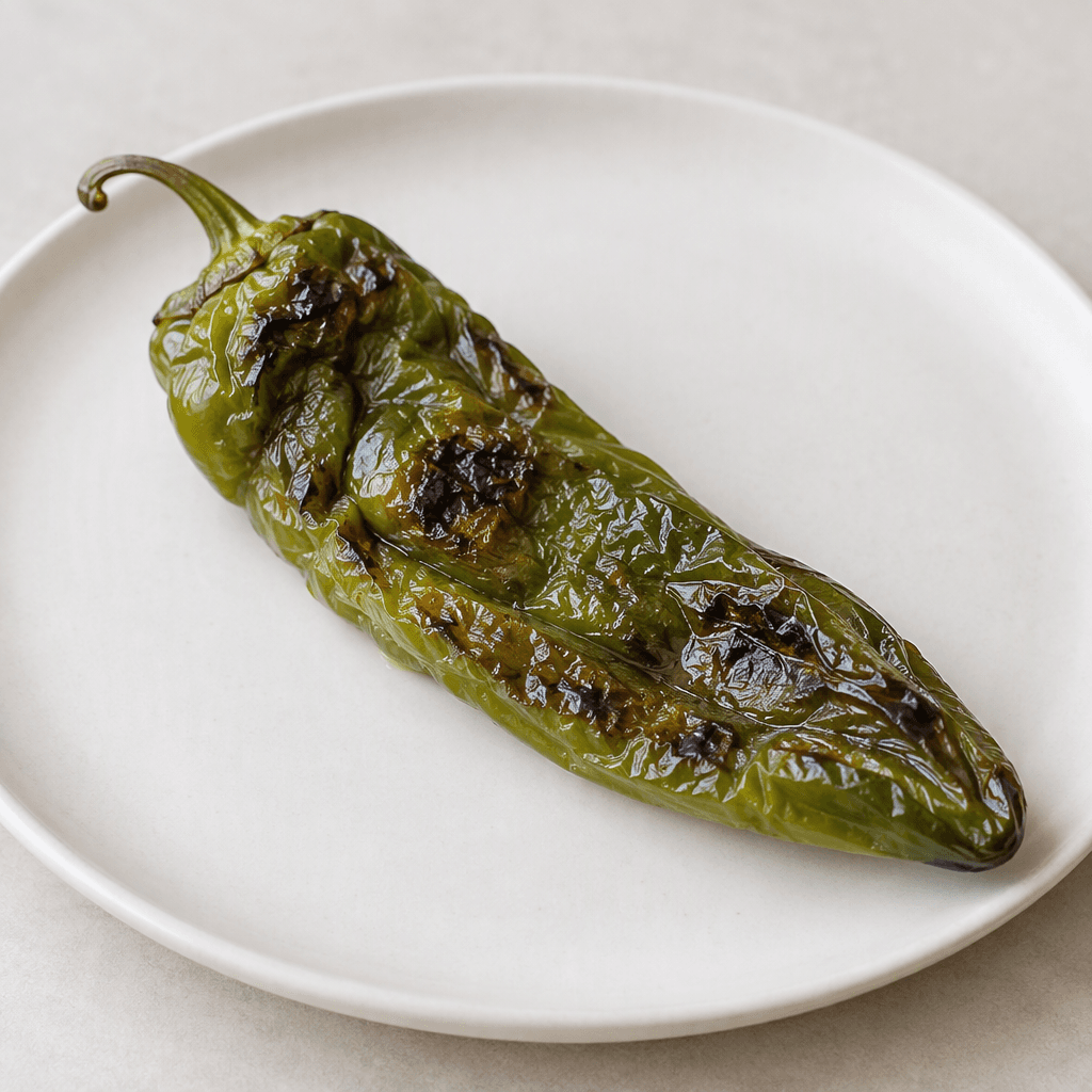 An elongated green pepper with slightly wrinkled, blistered skin, scattered dark roasted patches, and a soft, gently collapsed shape, served whole on a plain plate.