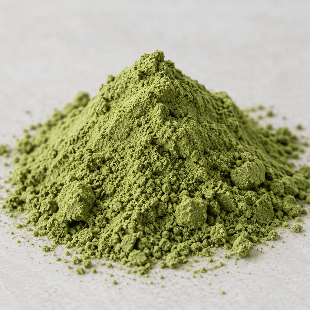 A mound of fine, matte green plant-protein powder with a soft, slightly clumpy texture, shown loose on a surface.