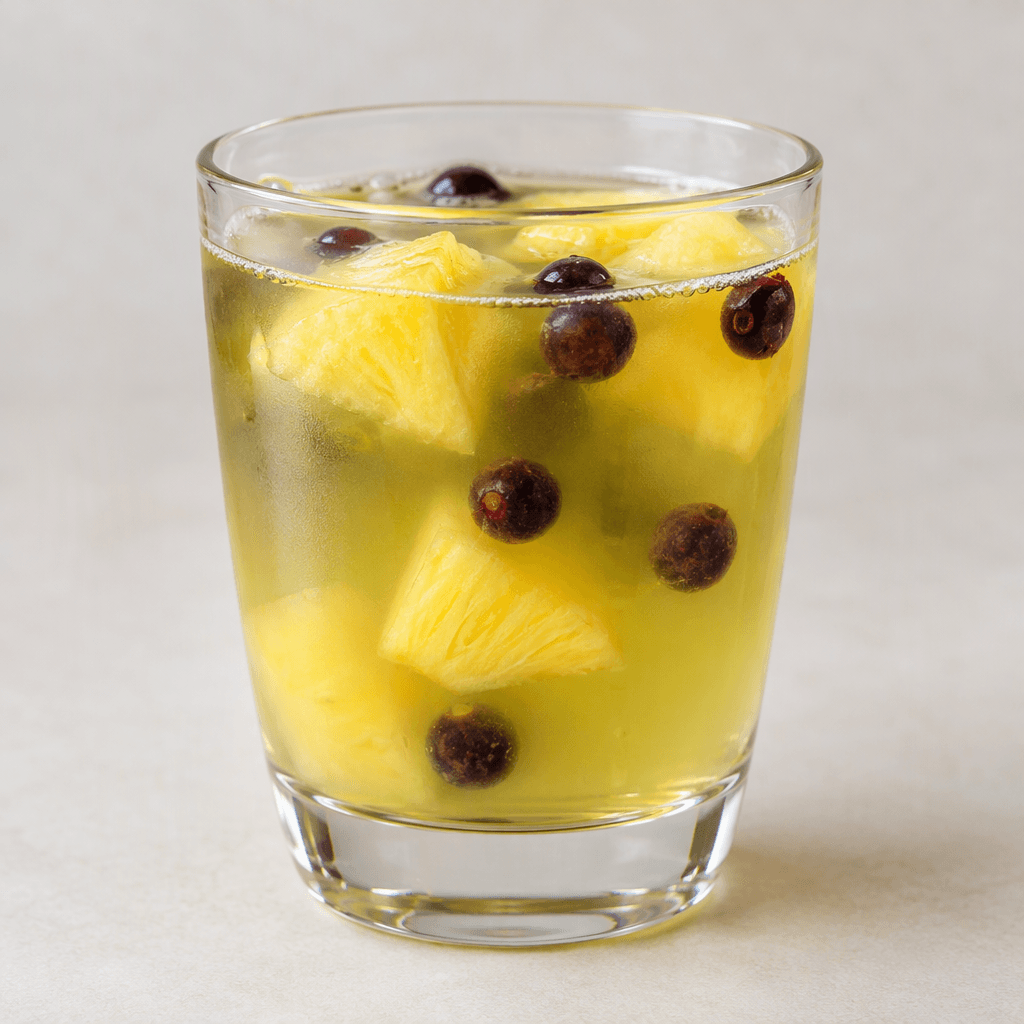 A translucent pale green-golden tea with a few small dark purple acai berries and bright yellow pineapple pieces, served in a clear glass.