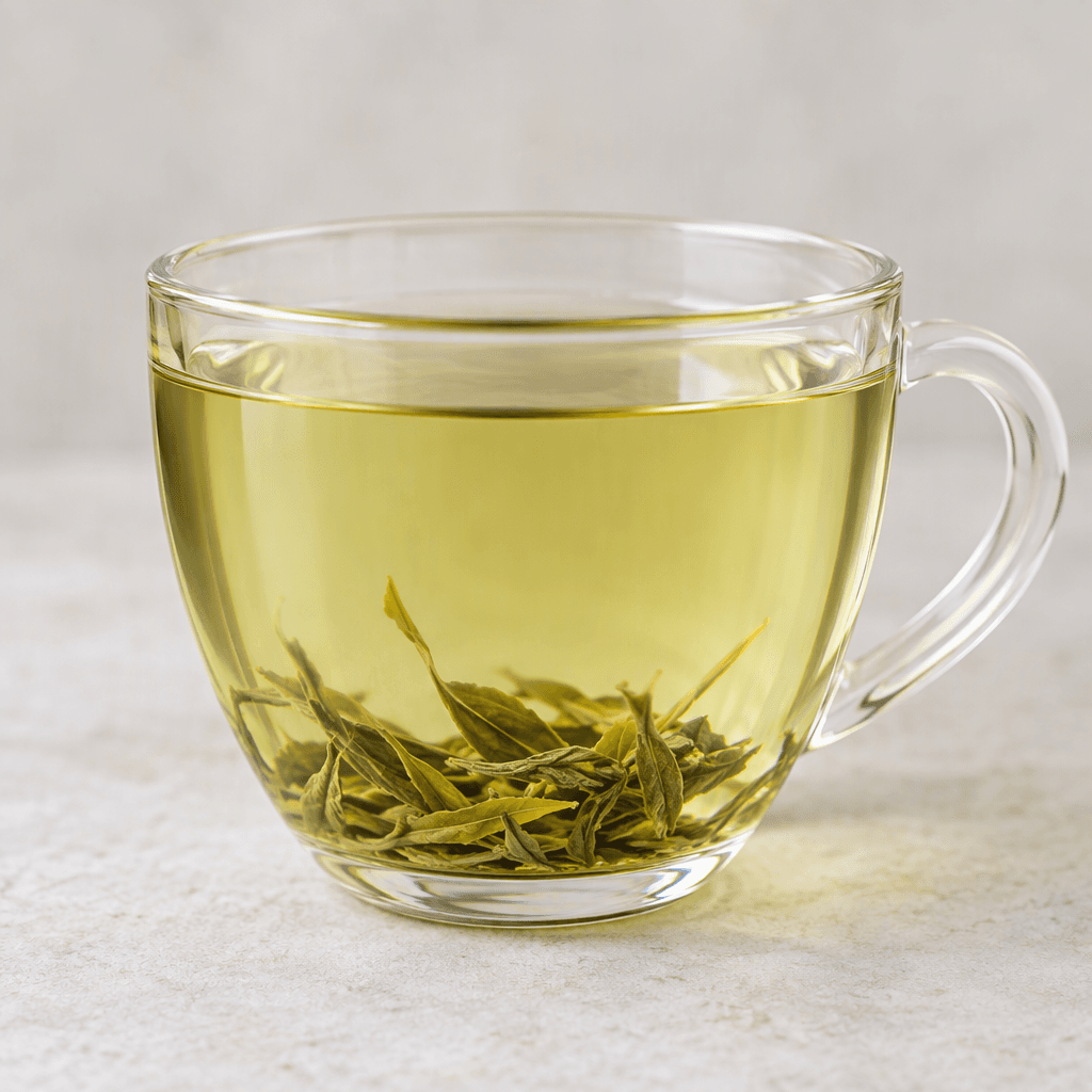 Clear, pale green-gold tea fills a transparent cup, with a smooth surface and a few wispy tea leaves settled near the bottom.