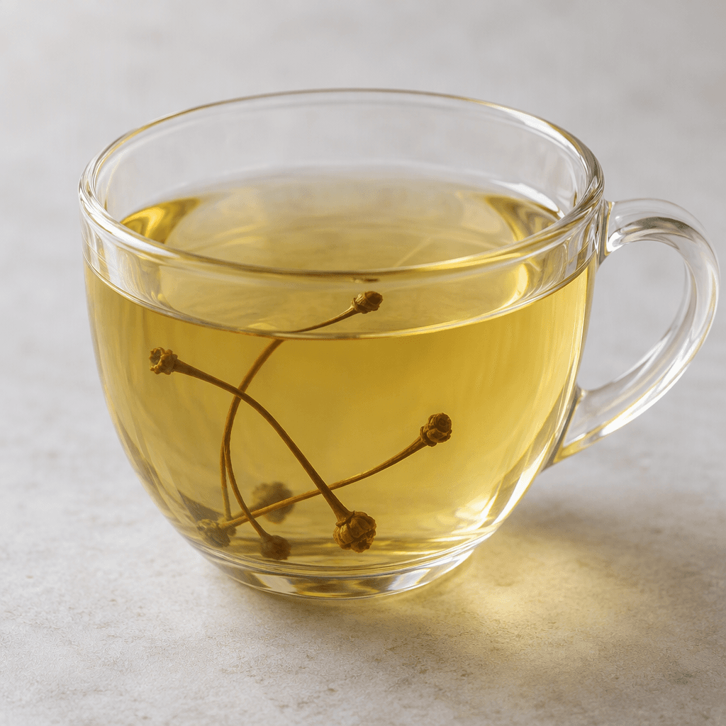 A clear, pale yellow-green tea is served in a transparent cup, with a few slender brown cherry stems visible in the infusion.