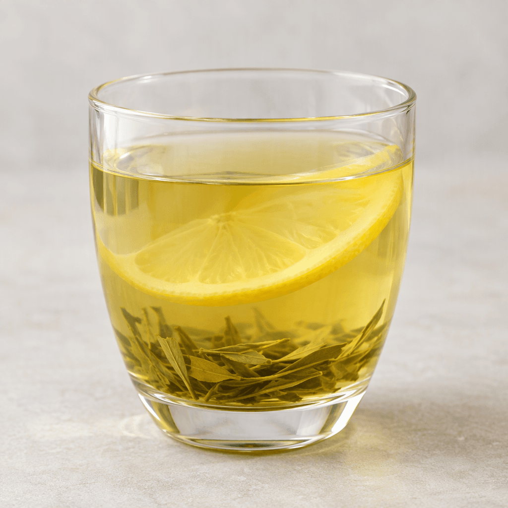 A clear glass of pale golden-green tea with a thin lemon slice visible in the drink.