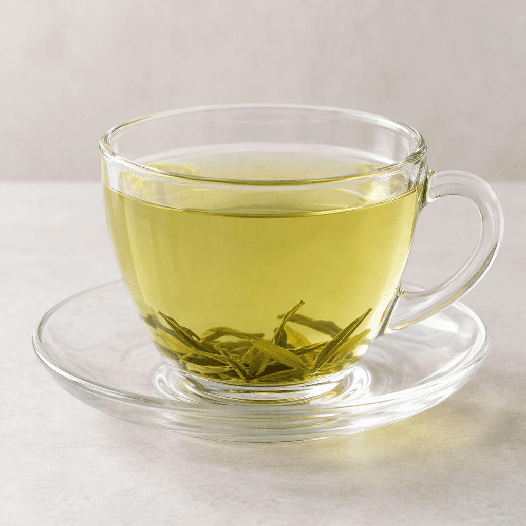 A clear, pale yellow-green tea in a transparent glass cup, with a smooth surface and a few delicate tea leaves settled near the bottom, served on a simple saucer.