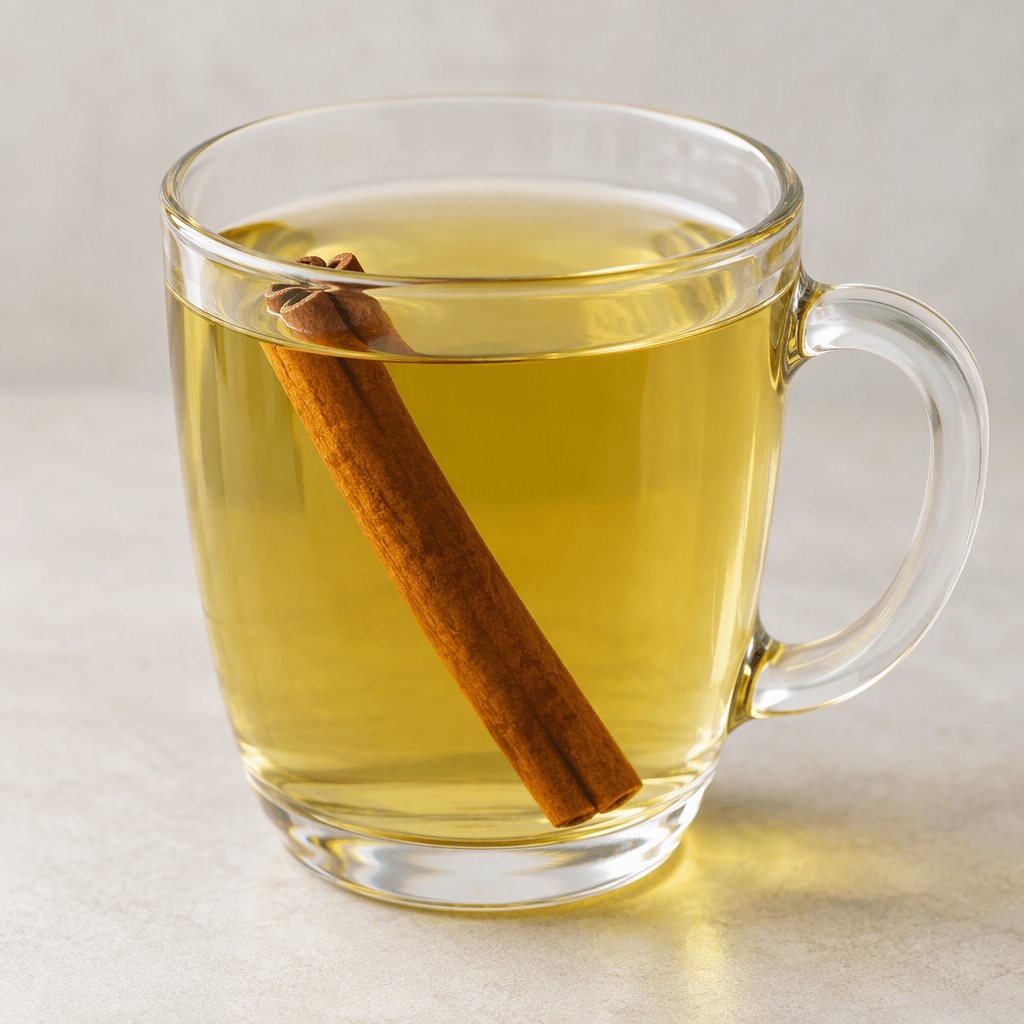 A clear glass cup holds translucent pale green-golden tea with a cinnamon stick visible inside, its warm brown surface contrasting with the delicate liquid.