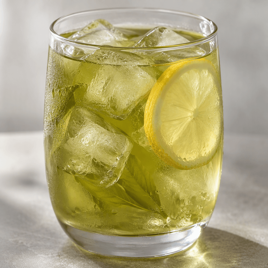 Pale golden-green iced tea sits in a clear glass with translucent ice cubes and a thin lemon slice visible near the surface.