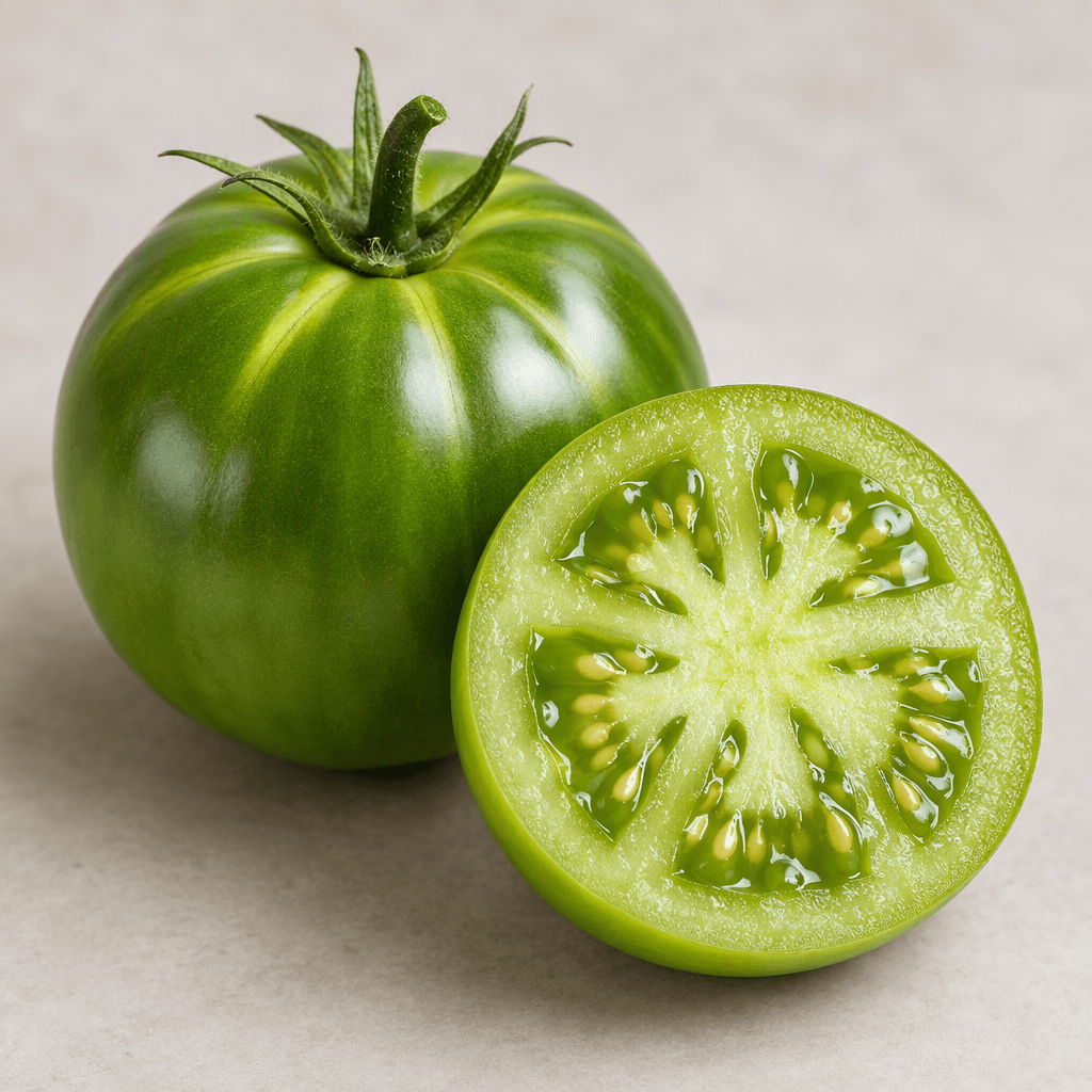 A round, firm tomato with smooth, taut, glossy green skin, subtle pale green ribbing around the shoulders, and a small green stem at the top, shown whole and in cross-section to reveal pale green flesh with moist seeds and translucent chambers.