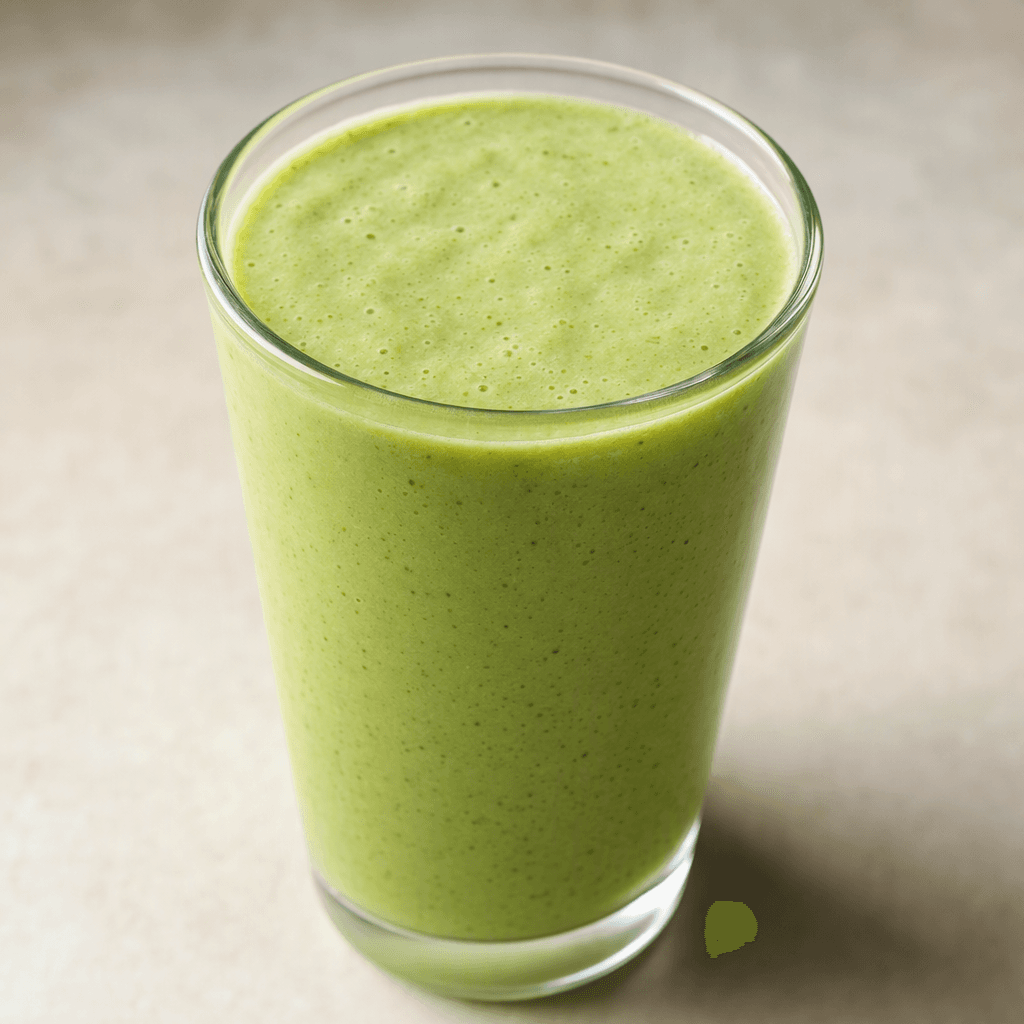 Pürüzsüz dokulu, açık yeşil renkli ve yüzeyi hafif köpüklü smoothie, şeffaf bir bardakta servis edilir.