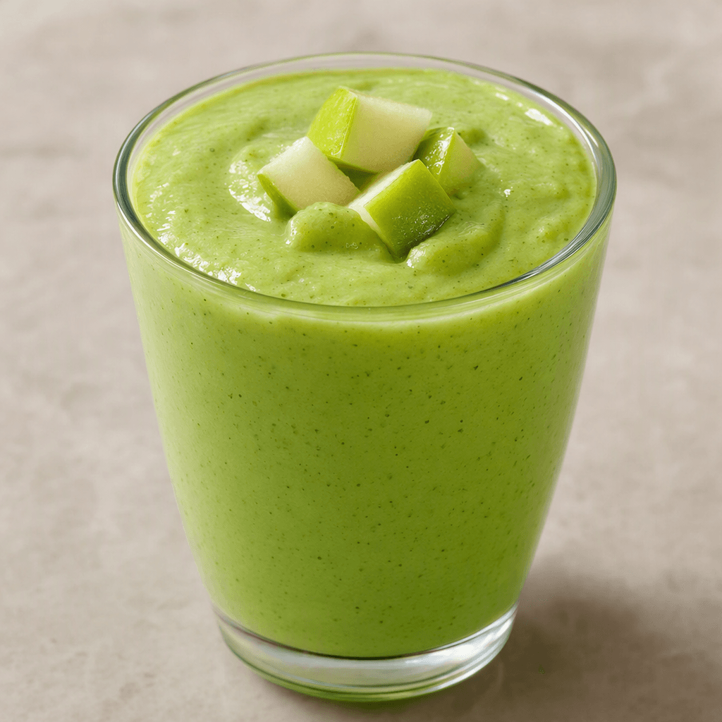 A pale, vivid green smoothie with a thick, creamy texture is served in a clear glass, its smooth surface topped with a few small green apple pieces.