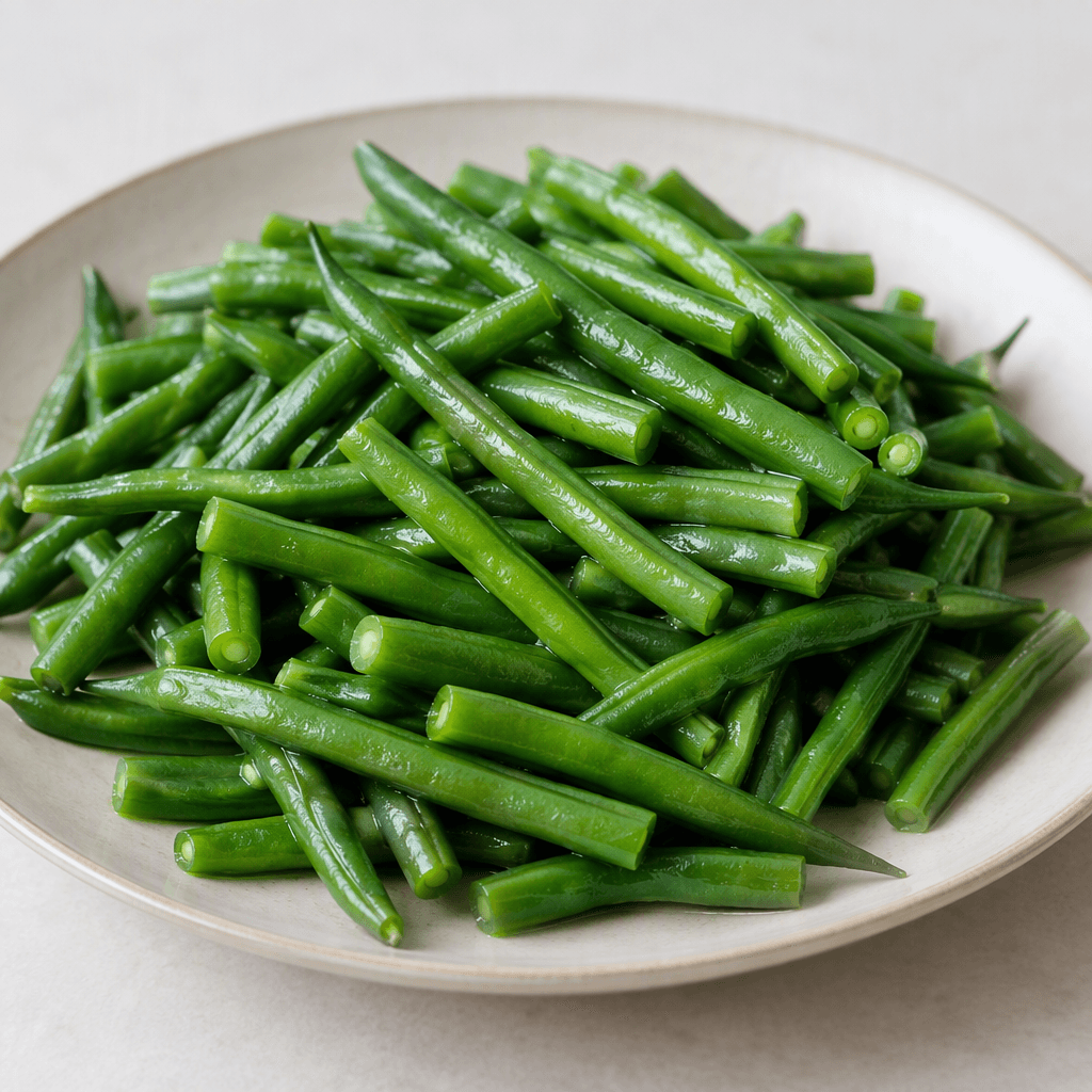 Tender, slender green bean pods, some cut into shorter lengths, are piled on a plate with a soft sheen and a deep green colour.