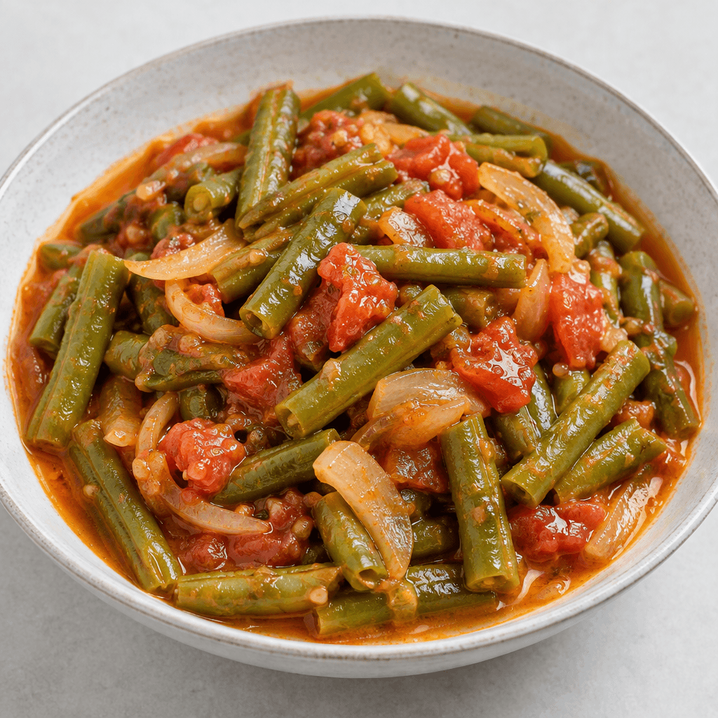 Cut green beans, visible tomato pieces and translucent onion slices sit in a shallow bowl in a glossy red-orange sauce, with softened vegetables layered loosely and a light sheen of oil on the surface.
