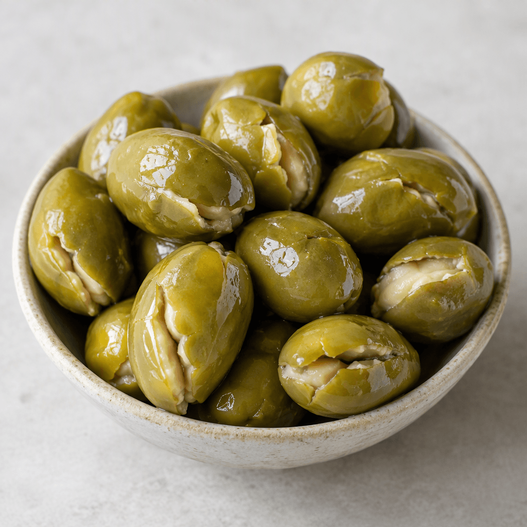 Plump oval green olives with visibly split, irregular skins and pale flesh showing through the cracks, arranged in a small serving dish with a glossy, moist surface.