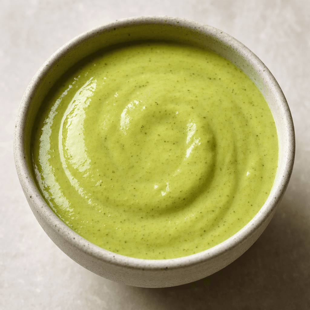 A thick, smooth, pale-green dressing sits in a small bowl, with a glossy surface and no visible chunks.