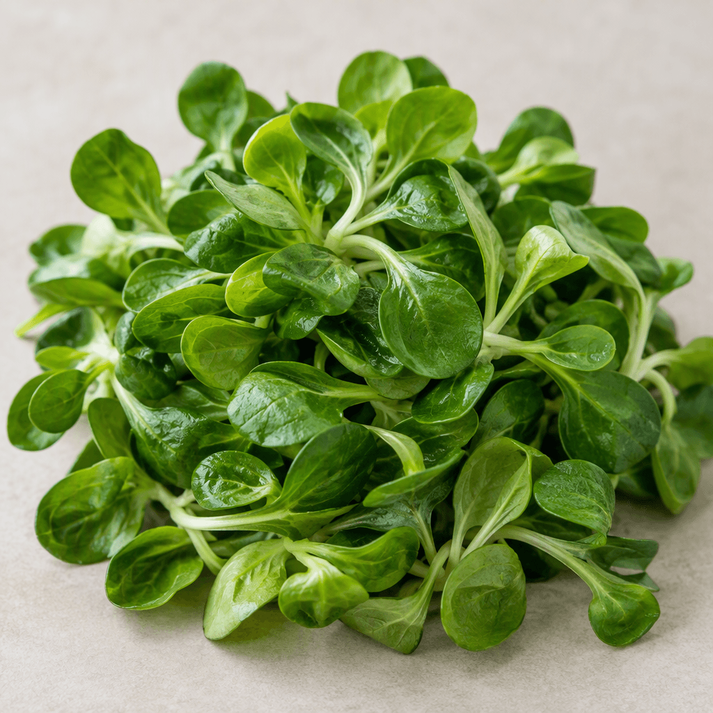 Small rosettes of tender, rounded spoon-shaped leaves in bright to deep green, attached to thin pale stems and loosely piled together.