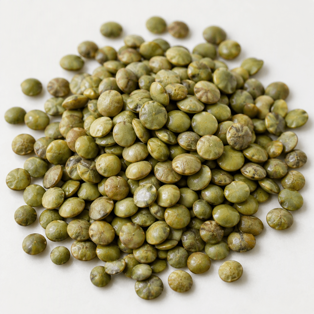 Small, flat, round-to-oval raw lentil seeds in muted olive green, with smooth, slightly glossy surfaces and occasional pale green or brown speckles, scattered loosely on a plain light background.