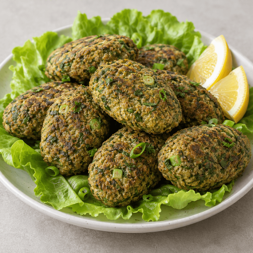 Small oval, hand-shaped patties with a greenish-brown, slightly coarse surface, speckled with chopped parsley and scallions, arranged on lettuce leaves with lemon wedges beside them.