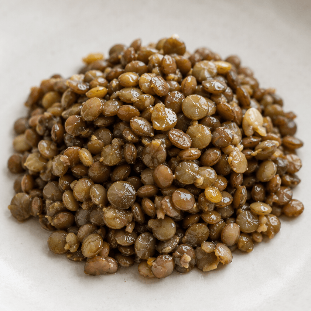 Small, round cooked lentils in muted olive-green and brown shades form a loose, slightly glossy mound, with individual softened grains and a few split skins visible.