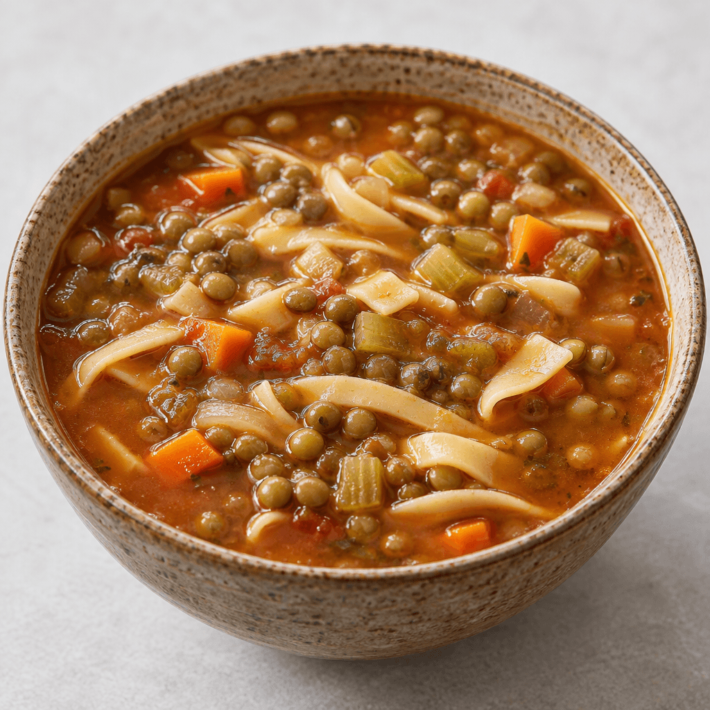 A rustic bowl of reddish-brown soup with plump green lentils, short flat noodles, and small soft vegetable pieces visible in the broth, served hot with a lightly glossy surface.