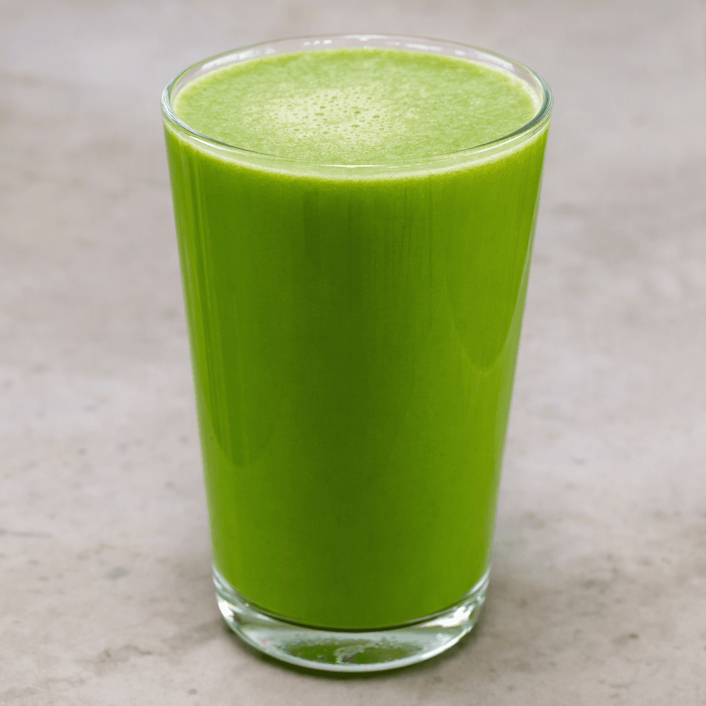 A smooth, opaque green fruit-and-vegetable drink fills a clear glass, with an even color and a lightly frothy surface.