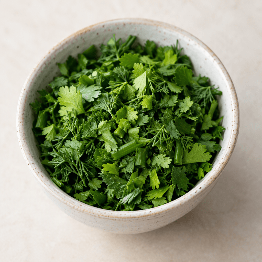 A loose mixture of finely chopped green herbs with varied leaf shapes and shades ranging from bright to deep green, scattered together in a small serving bowl.