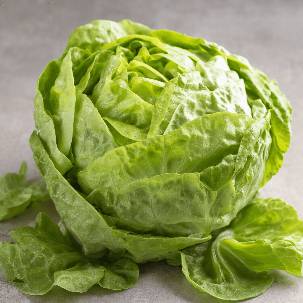 A whole head of lettuce with tightly layered, broad, ruffled leaves in pale green to vivid green, a firm rounded shape, and crisp, slightly glossy surfaces, alongside a few loose leaves on a plain serving surface.