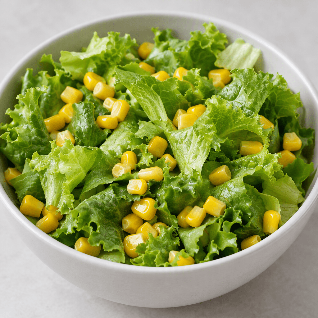 A bowl of crisp green lettuce leaves scattered with bright yellow corn kernels, with the leafy textures and rounded kernels clearly visible.
