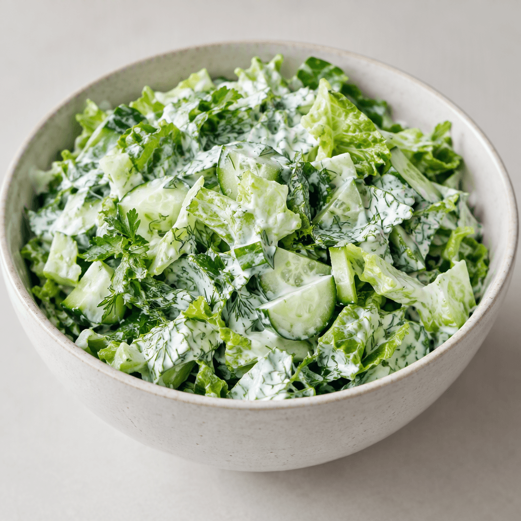 A bowl of chopped green lettuce, cucumber, and fresh herbs coated in thick white yogurt, with crisp leafy pieces and pale green chunks visible throughout.