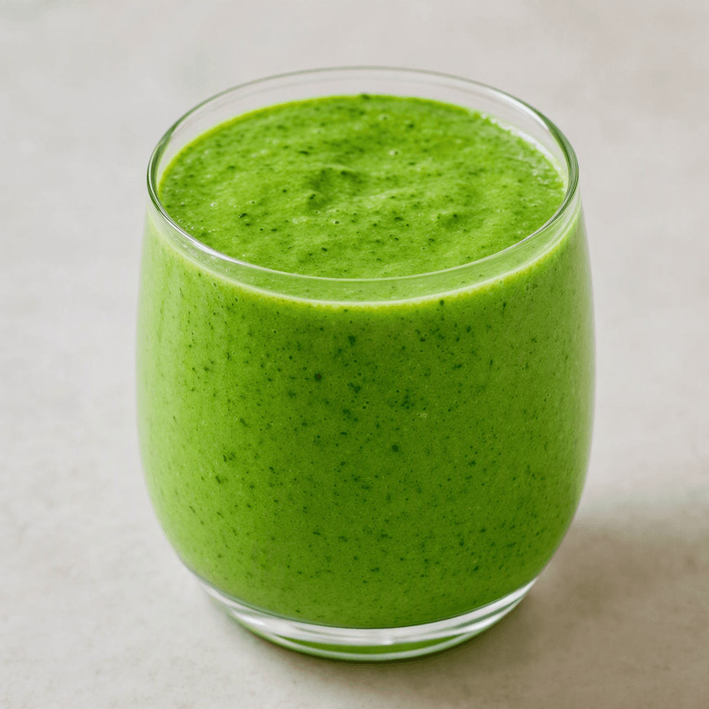 A thick, bright green smoothie with a smooth, slightly frothy surface and tiny darker green flecks is served in a clear glass.