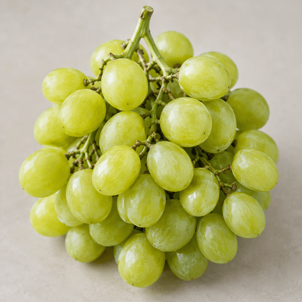 A cluster of round, translucent pale green grapes with smooth, taut skins, attached to thin green stems and varying slightly in size.