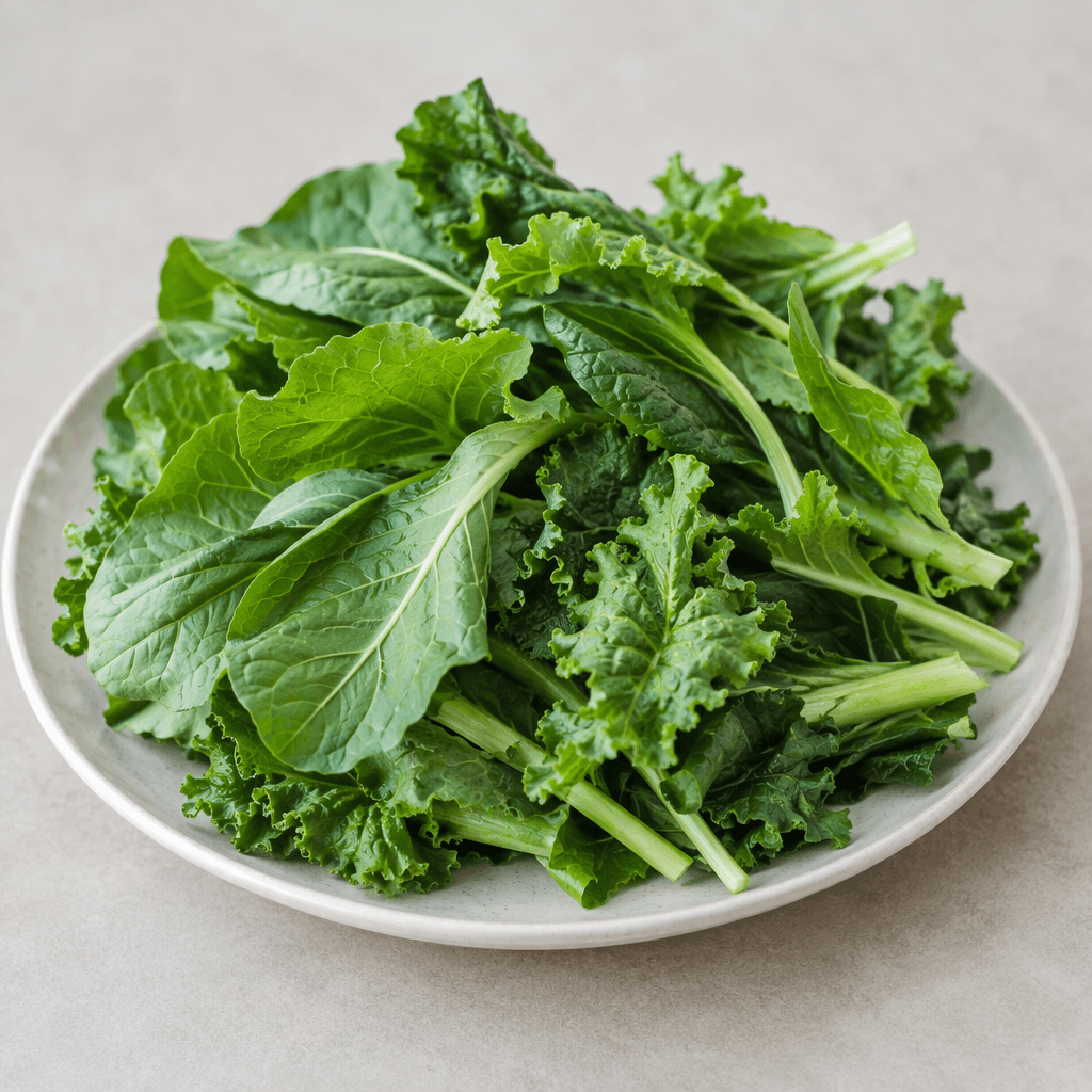 Fresh leafy green vegetables with broad, crinkled or smooth leaves in varying shades of green, attached to slender pale or green stems and loosely piled on a plate.